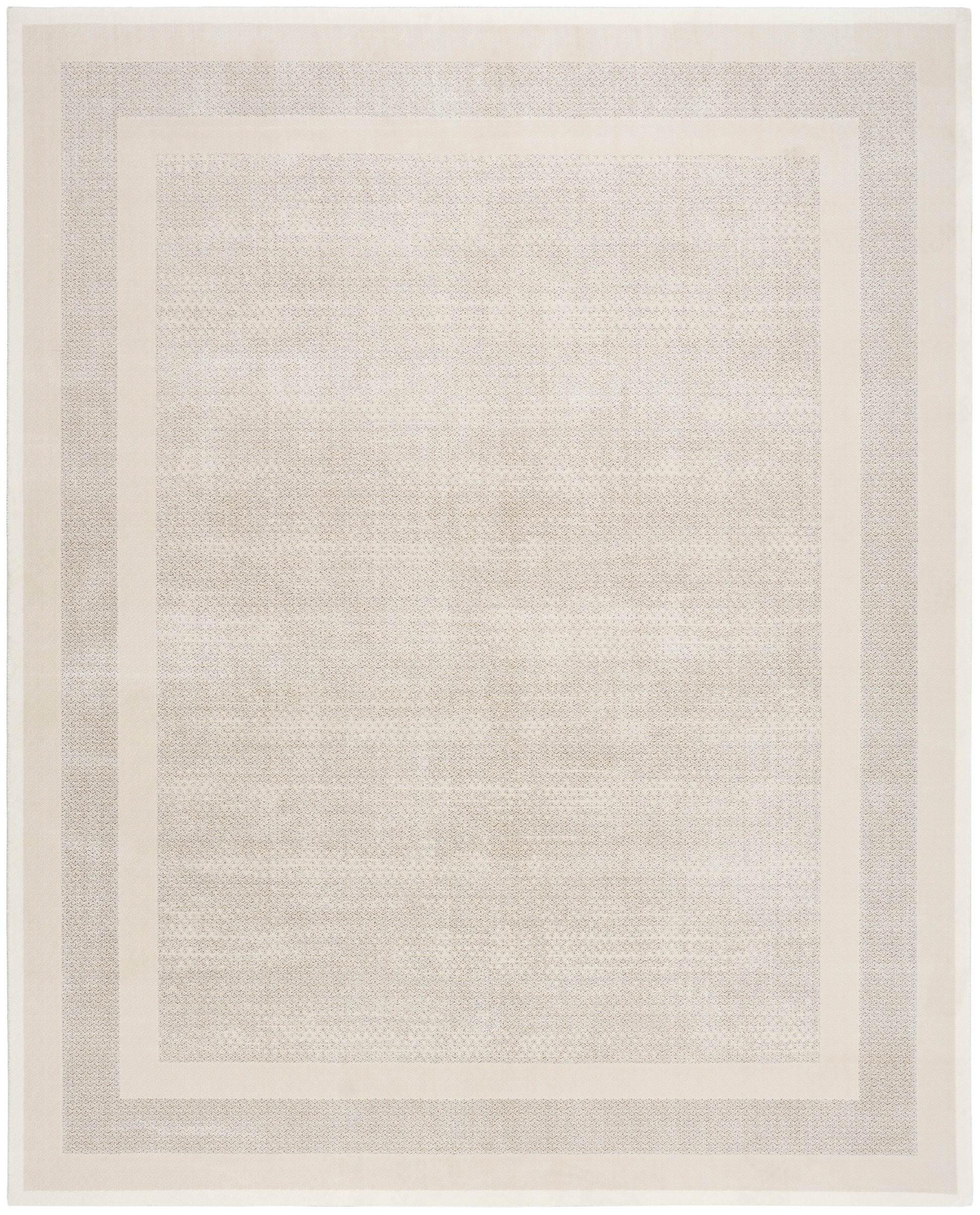 Beige rectangular area rug with layered cream borders & soft speckled center; neutral, minimalist style.