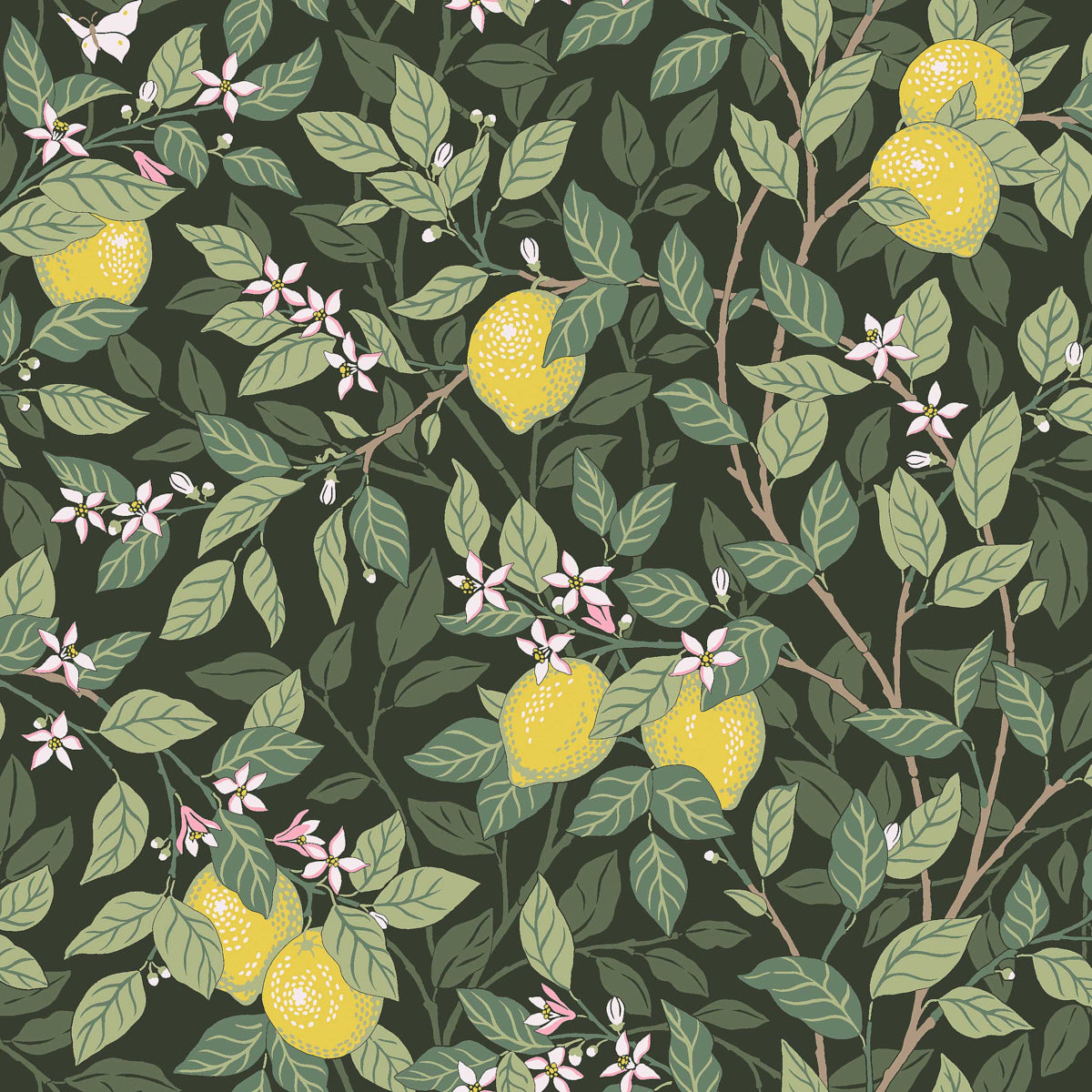 Botanical lemon pattern with yellow lemons, green leaves and pink blossoms on a dark background; wallpaper.