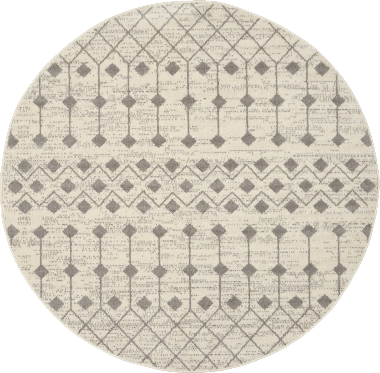 Round beige rug with gray geometric lattice and diamond patterns; woven texture.
