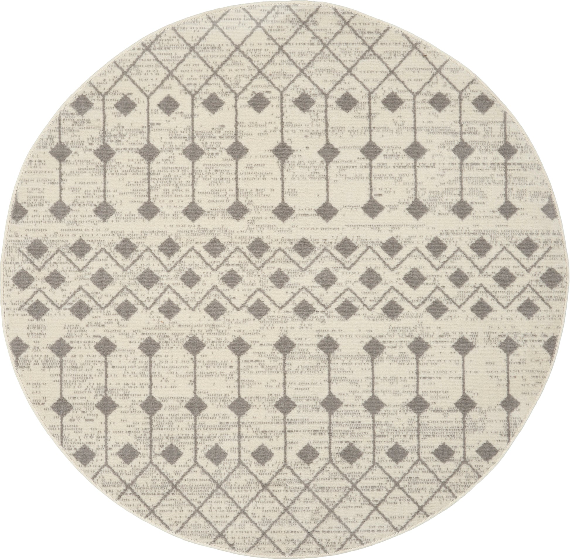 Round beige rug with gray geometric lattice and diamond patterns; woven texture.