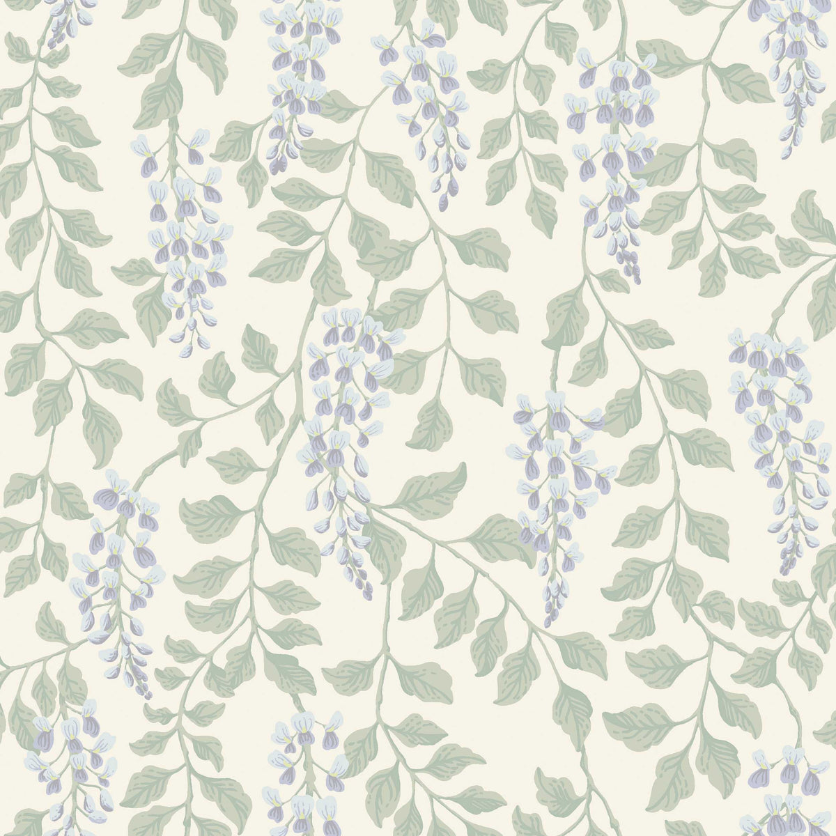 Cream background wallpaper featuring hanging lavender wisteria clusters and soft sage-green leaves.