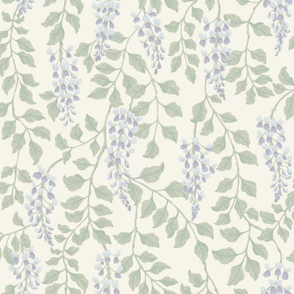 Cream background wallpaper featuring hanging lavender wisteria clusters and soft sage-green leaves.