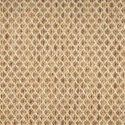 Natural beige woven jute rug with tight interlaced fibers; rustic coastal style.