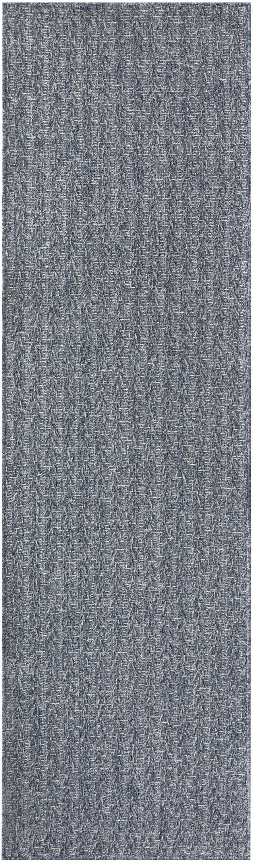 Blue-gray textured woven rug with a subtle chevron pattern; versatile for living room or hallway.