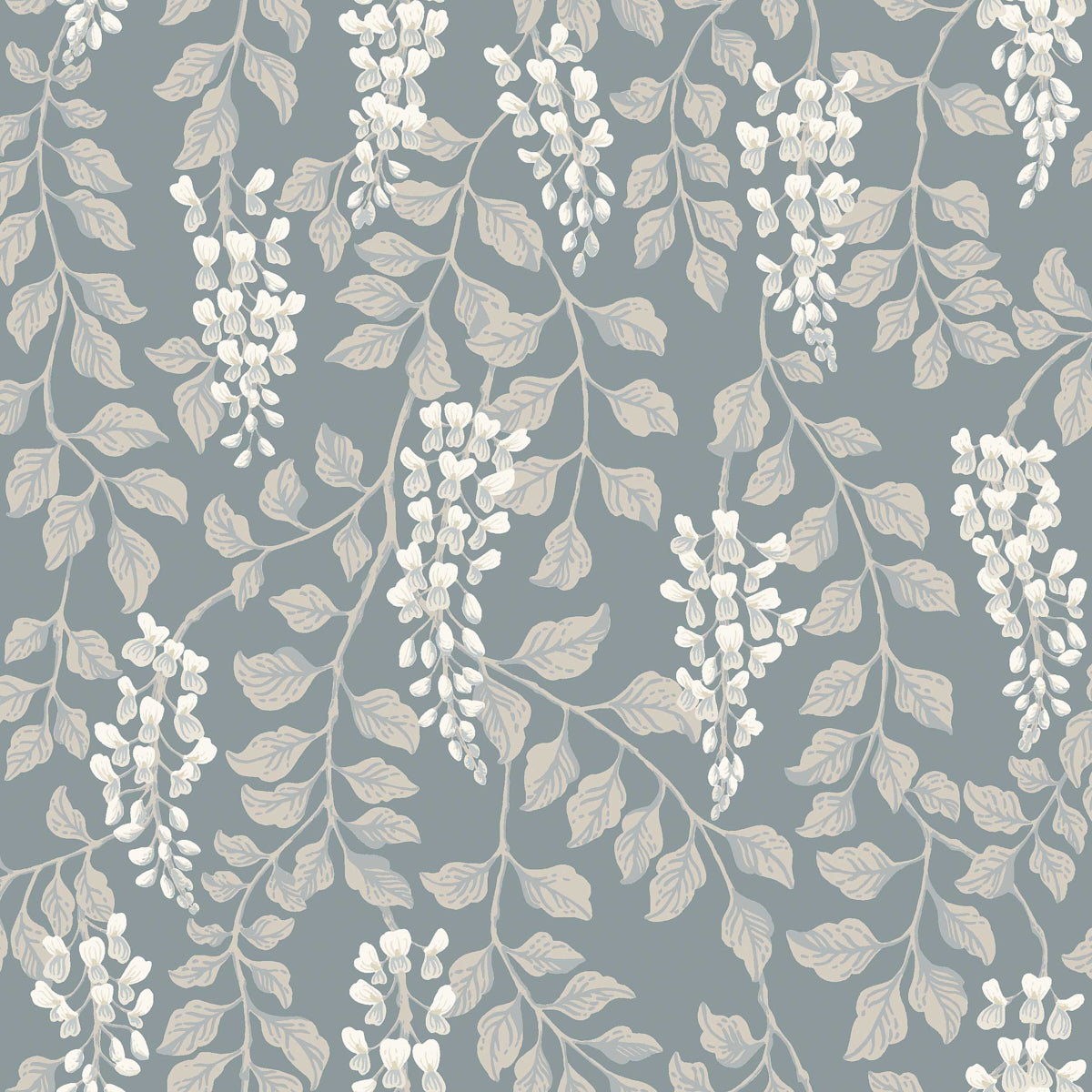 Blue-gray wallpaper with ivory botanical vines and hanging flower clusters.