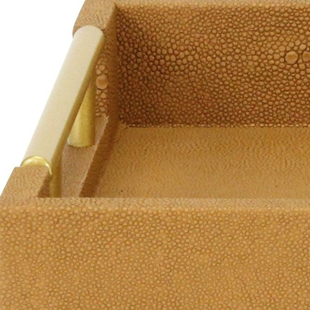 16" Camel Brown Wood Faux Shagreen Serving Tray With Handles