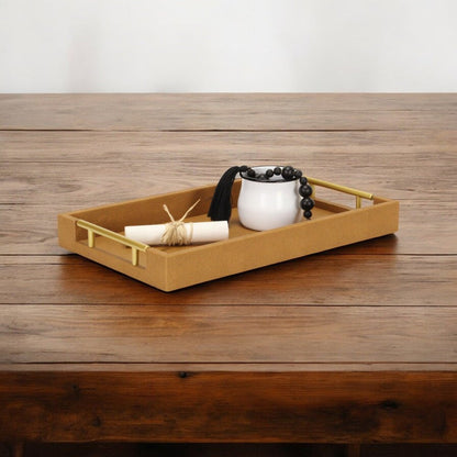 16" Camel Brown Wood Faux Shagreen Serving Tray With Handles