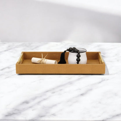 16" Camel Brown Wood Faux Shagreen Serving Tray With Handles