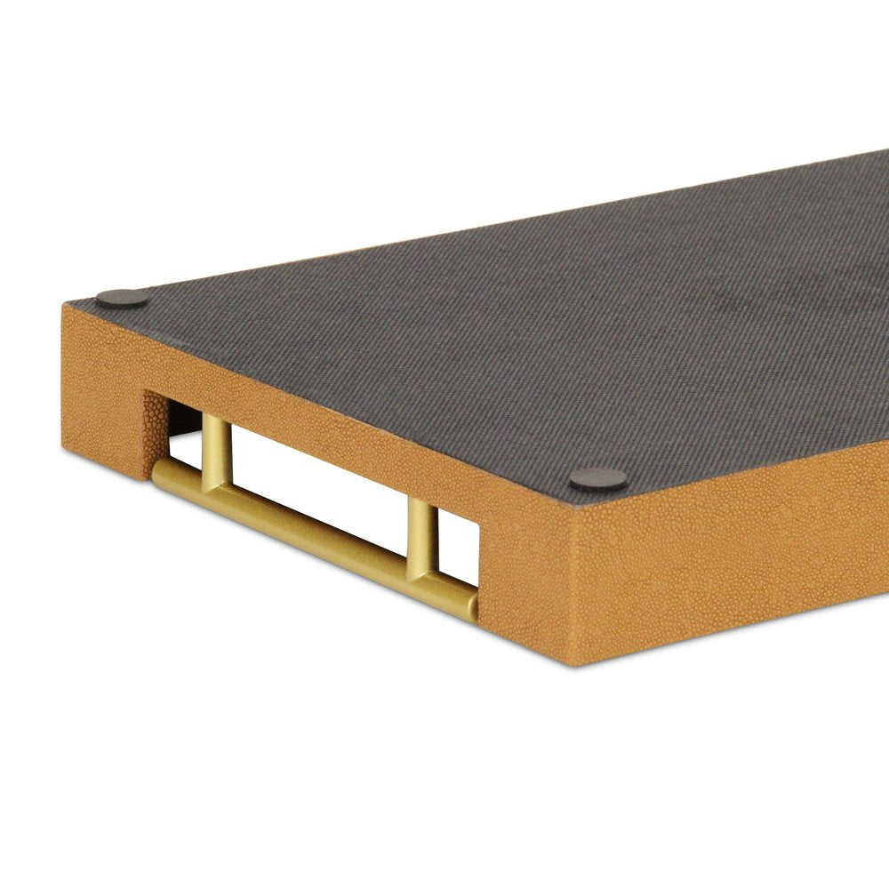 16" Camel Brown Wood Faux Shagreen Serving Tray With Handles