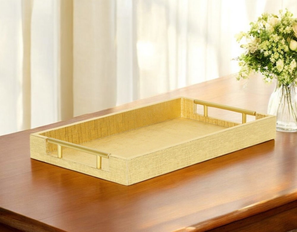 16" Gold Wood Geometric Serving Tray With Handles