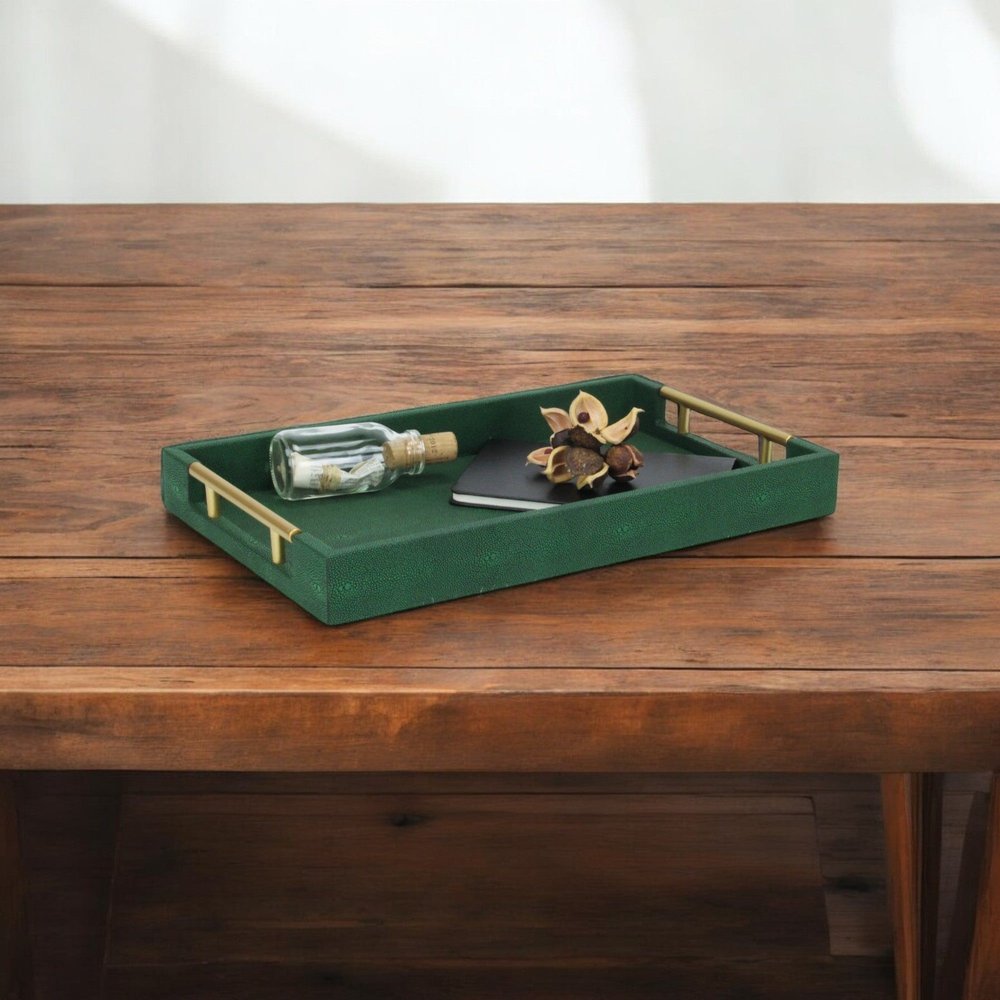 16" Green Wood Wood Faux Shagreen Serving Tray With Handles