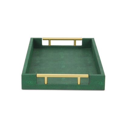 16" Green Wood Wood Faux Shagreen Serving Tray With Handles