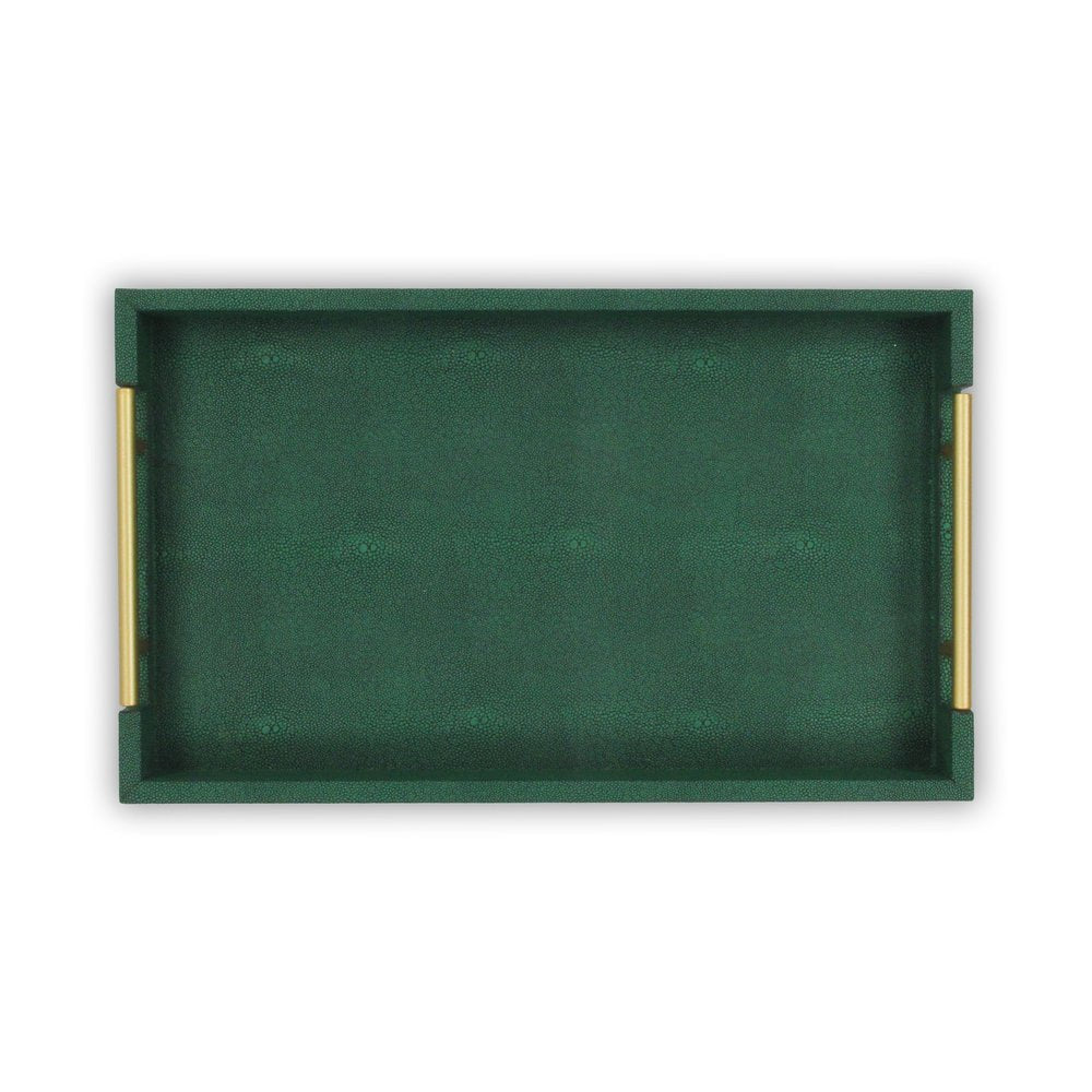 16" Green Wood Wood Faux Shagreen Serving Tray With Handles