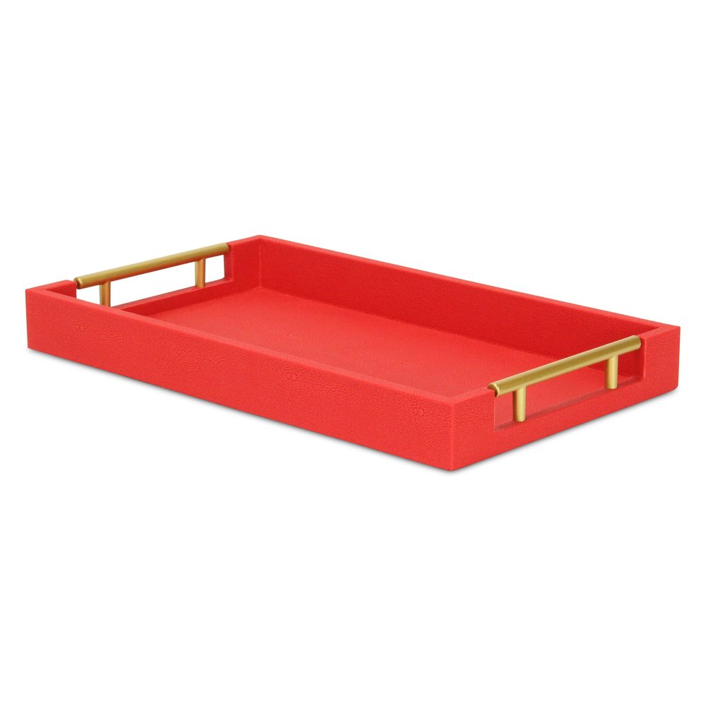 16" Red Wood and Vinyl Faux Shagreen Handmade Serving Tray With Handles