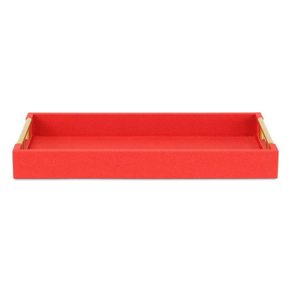 16" Red Wood and Vinyl Faux Shagreen Handmade Serving Tray With Handles