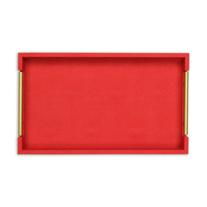 16" Red Wood and Vinyl Faux Shagreen Handmade Serving Tray With Handles