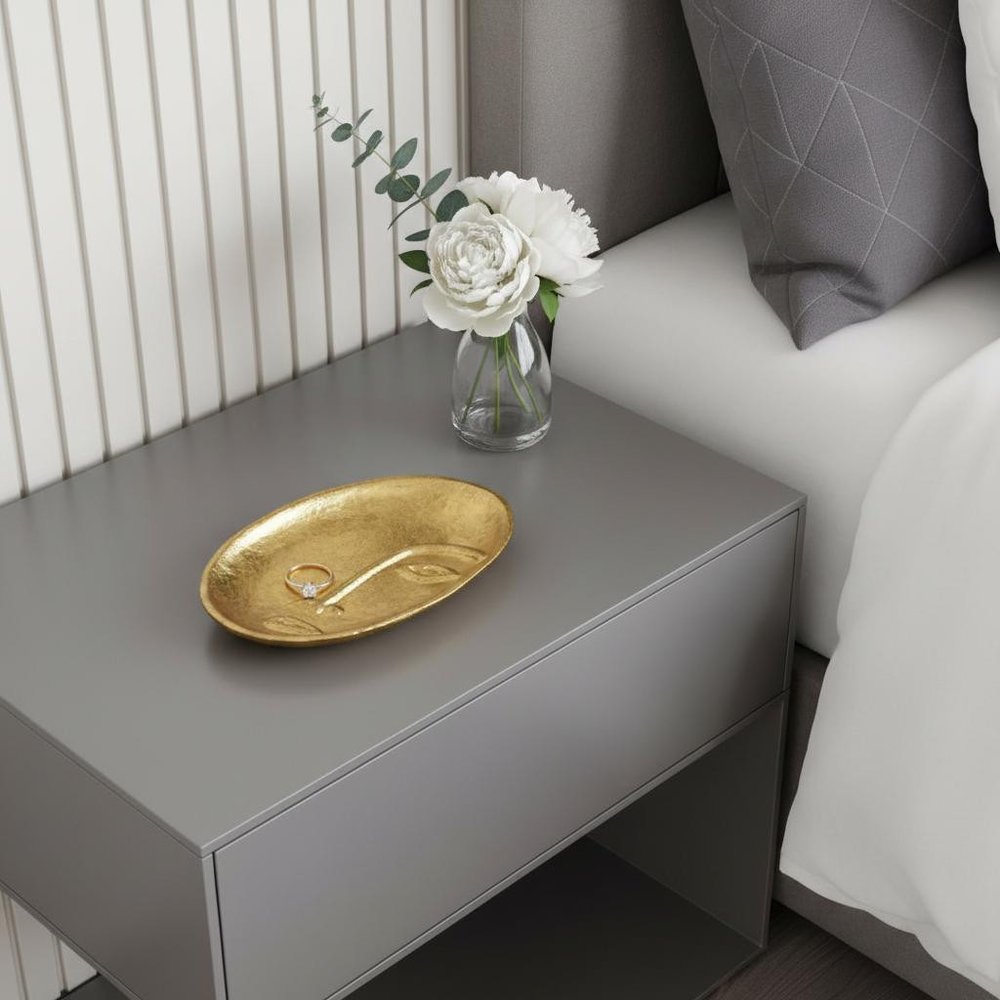 8" Gold Cast Iron Mod Abstract Face Oval Trinket Tray