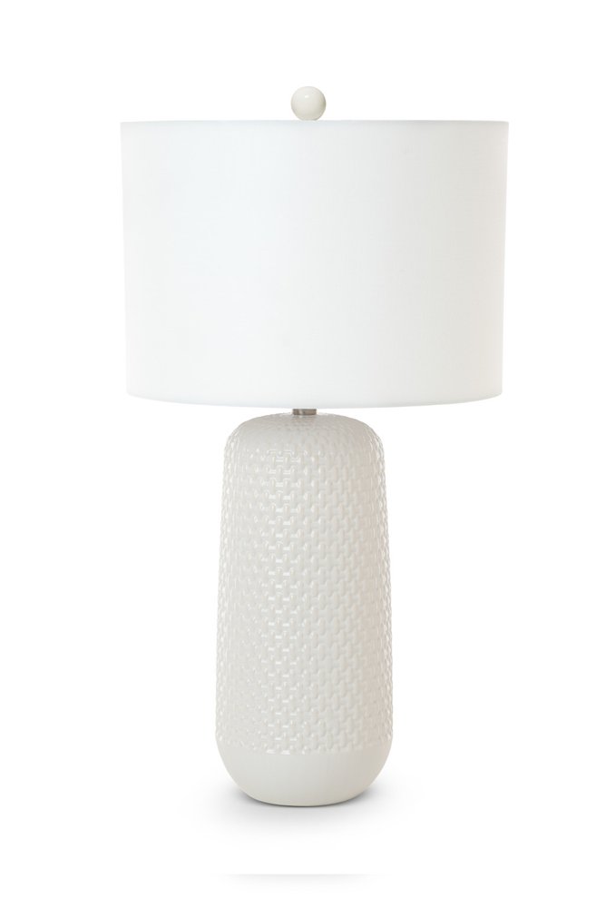 Set of Two 30" White Textured Ceramic Table Lamps With White Drum Shades