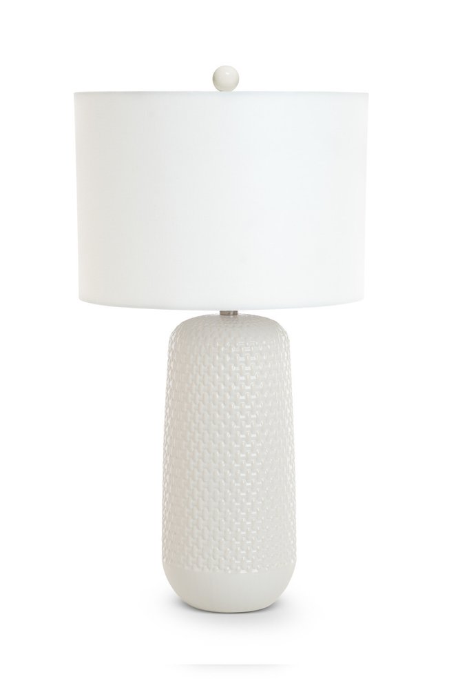 Set of Two 30" White Textured Ceramic Table Lamps With White Drum Shades