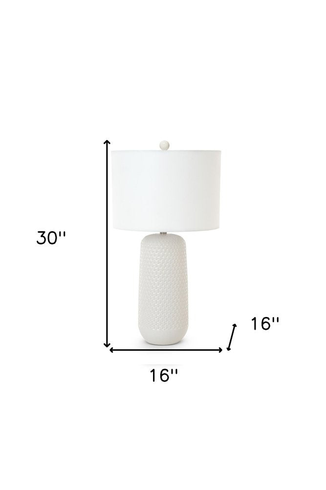 Set of Two 30" White Textured Ceramic Table Lamps With White Drum Shades