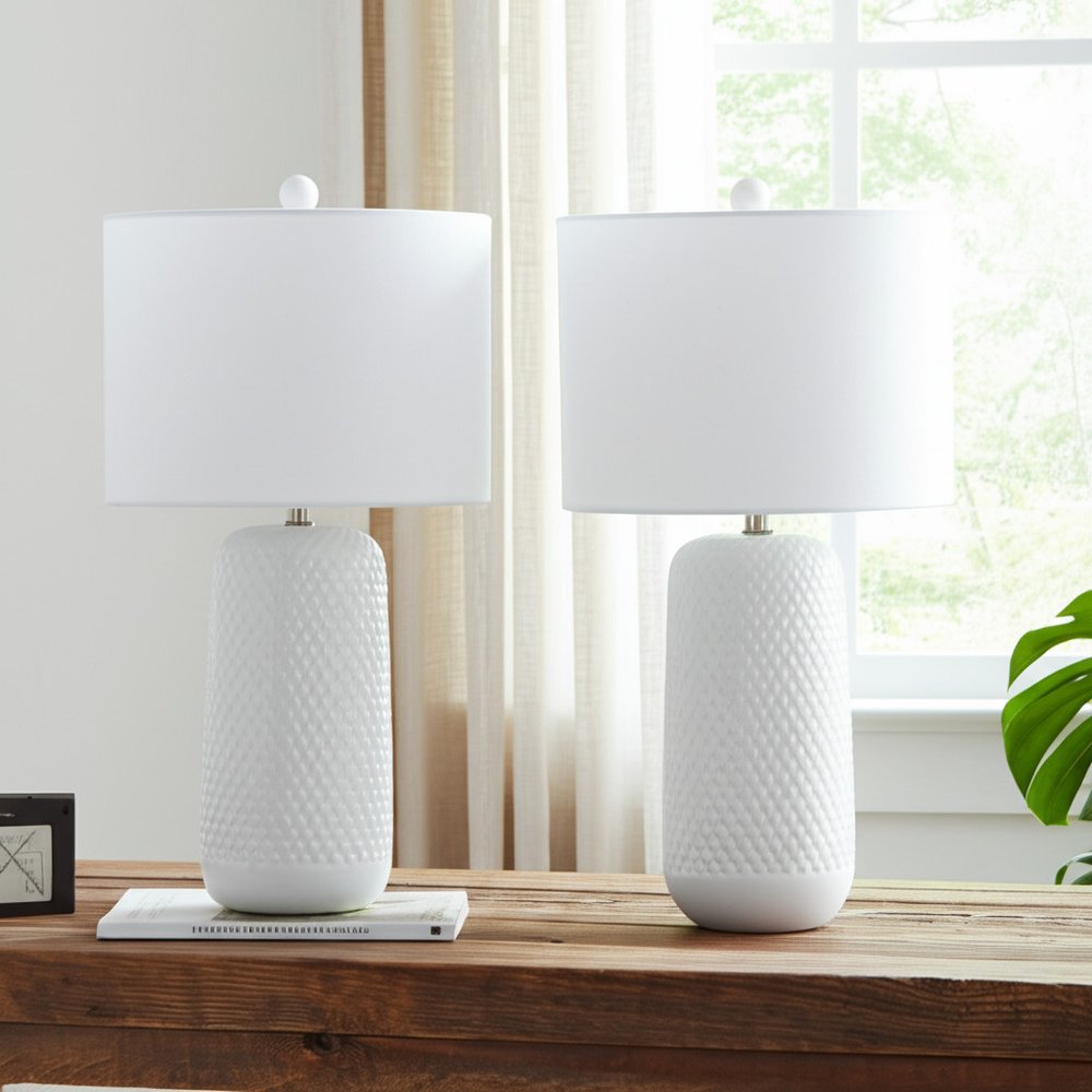 Set of Two 30" White Textured Ceramic Table Lamps With White Drum Shades