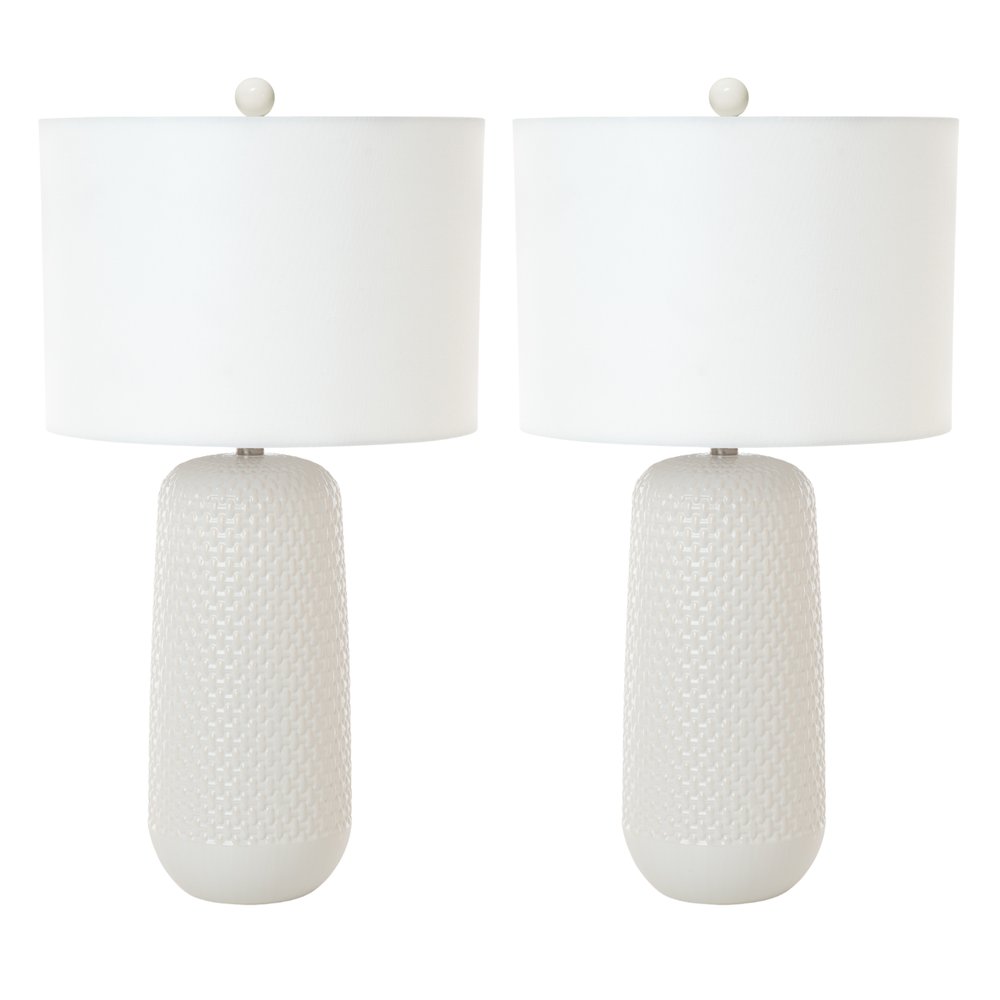 Set of Two 30" White Textured Ceramic Table Lamps With White Drum Shades