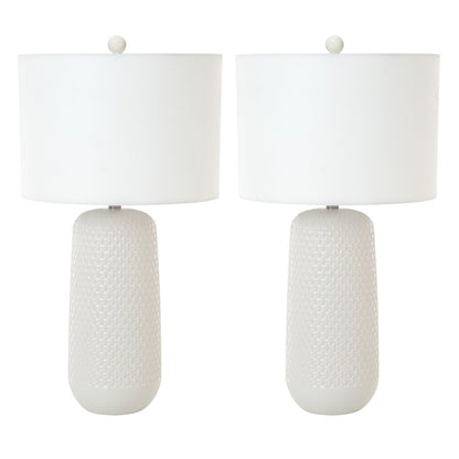 Set of Two 30" White Textured Ceramic Table Lamps With White Drum Shades