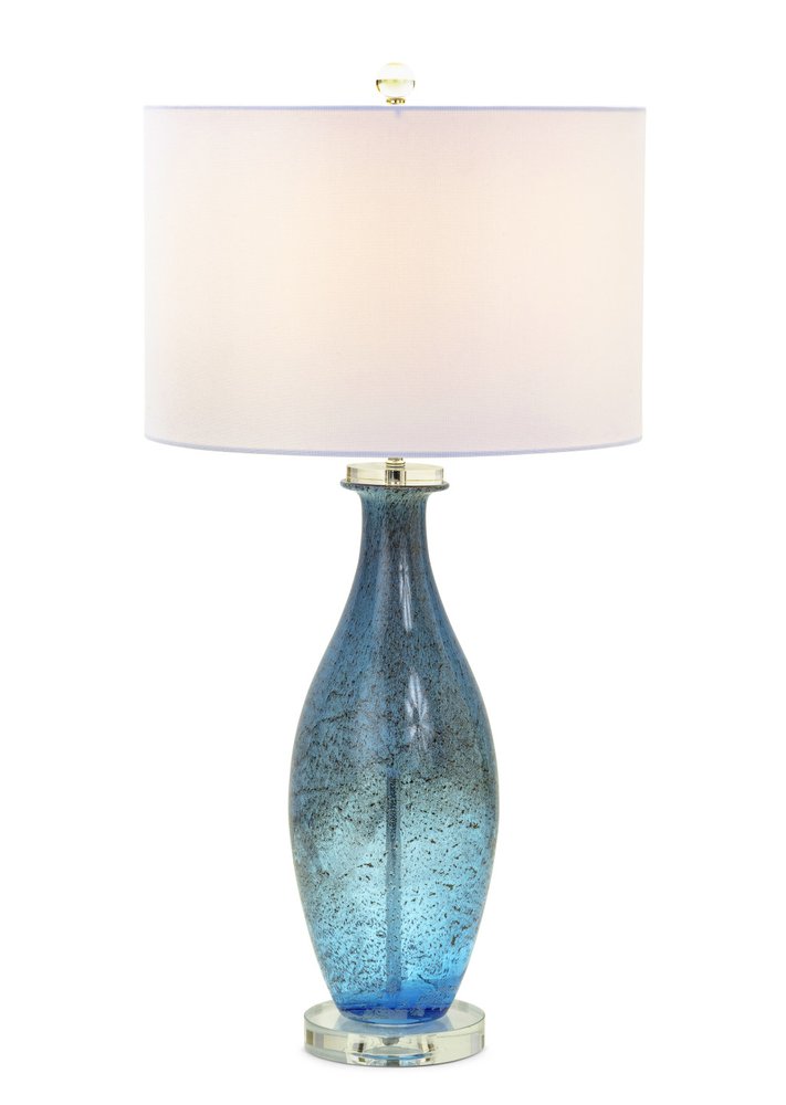 Set of Two 30" Blue Crystal And Glass Table Lamps With White Drum Shades