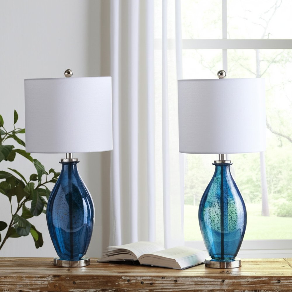 Set of Two 30" Blue Crystal And Glass Table Lamps With White Drum Shades