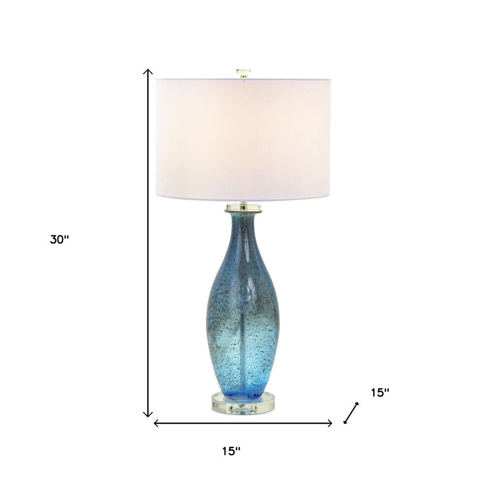 Set of Two 30" Blue Crystal And Glass Table Lamps With White Drum Shades