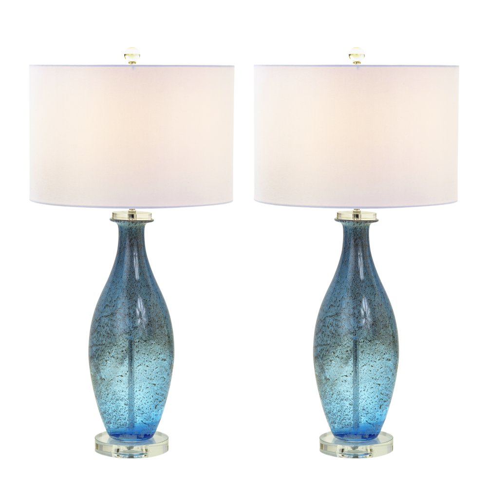 Set of Two 30" Blue Crystal And Glass Table Lamps With White Drum Shades