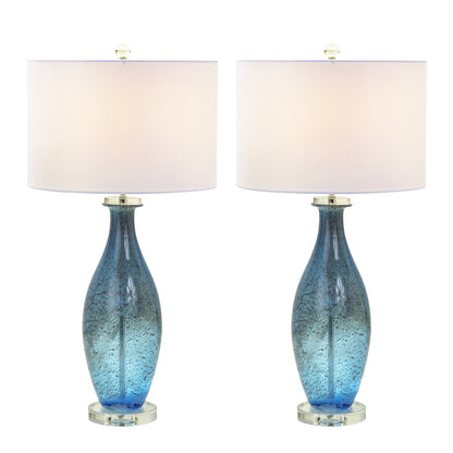 Set of Two 30" Blue Crystal And Glass Table Lamps With White Drum Shades