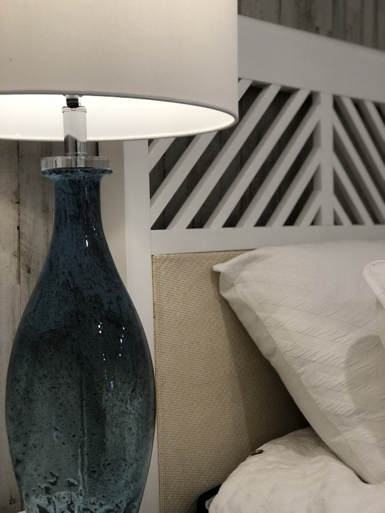 Set of Two 30" Blue Crystal And Glass Table Lamps With White Drum Shades