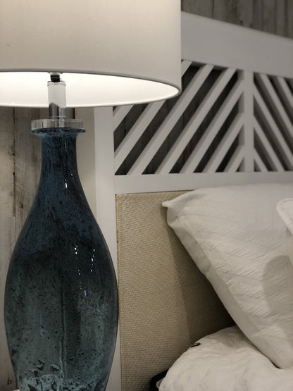 Set of Two 30" Blue Crystal And Glass Table Lamps With White Drum Shades