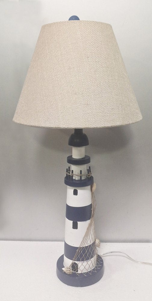 Set of Two 30" Blue And White Lighthouse USB Table Lamps With Cream Cone Shade