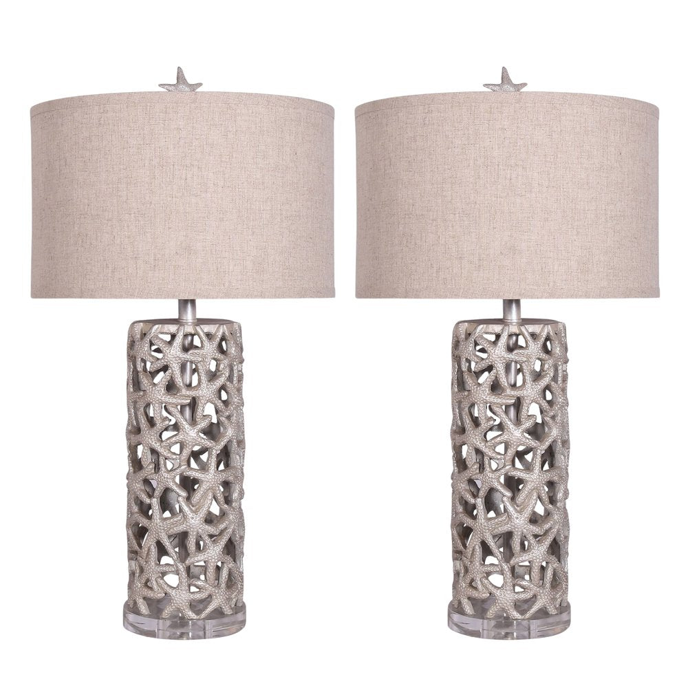 Set of Two 30" Silver Coastal Starfish Table Lamps With Beige Drum Shades