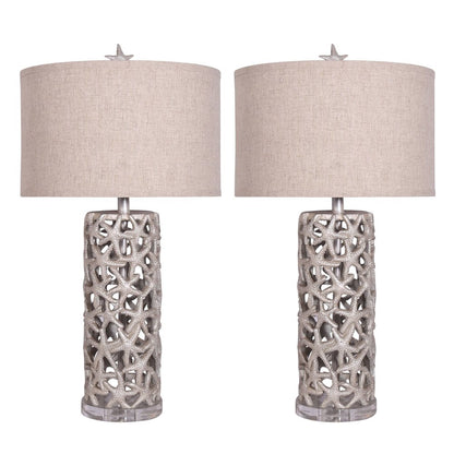 Set of Two 30" Silver Coastal Starfish Table Lamps With Beige Drum Shades