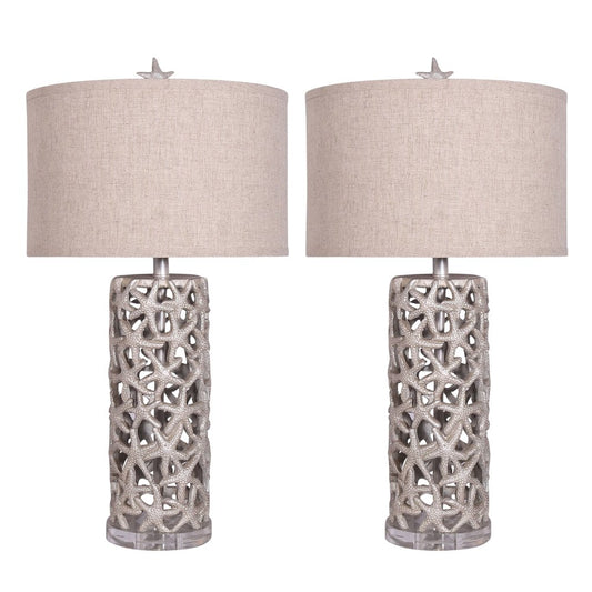 Set of Two 30" Silver Coastal Starfish Table Lamps With Beige Drum Shades