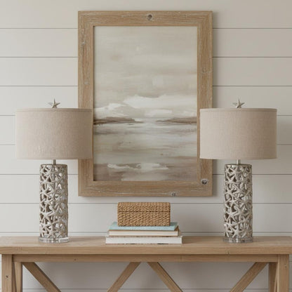 Set of Two 30" Silver Coastal Starfish Table Lamps With Beige Drum Shades