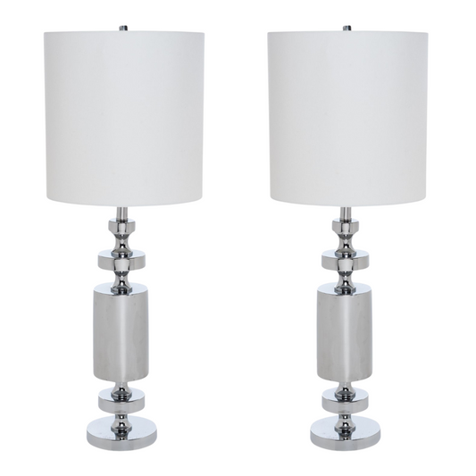 Set of Two 36" Silver Metal Table Lamp With White Cone Shade