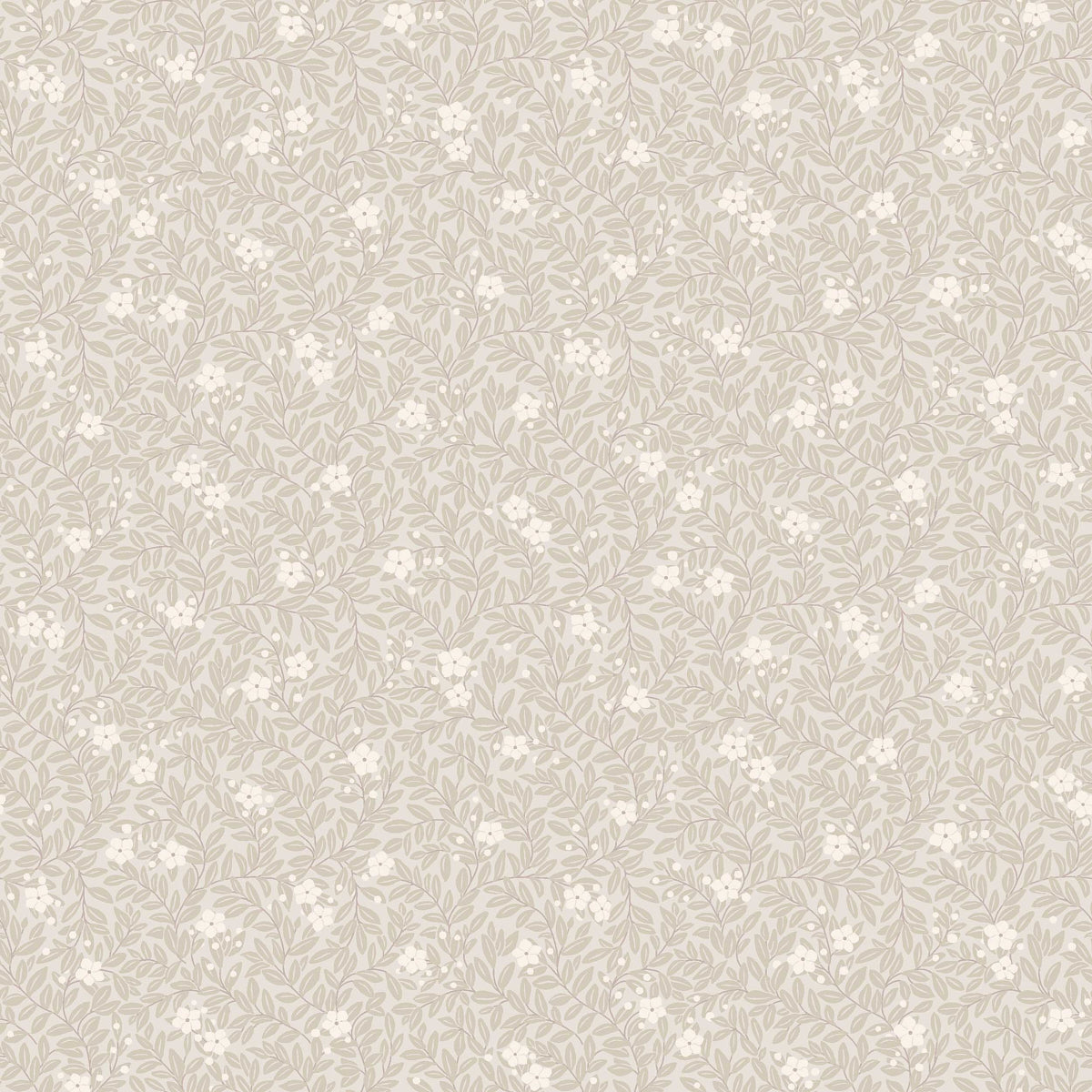 Beige floral botanical pattern with cream leaves and tiny white flowers, seamless texture.