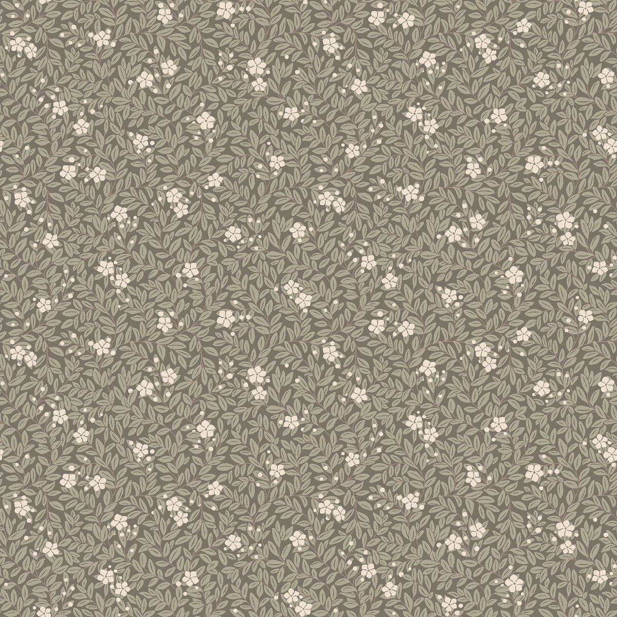 Taupe wallpaper with a vintage botanical print featuring cream flowers and dense pale leaves in a repeating pattern.