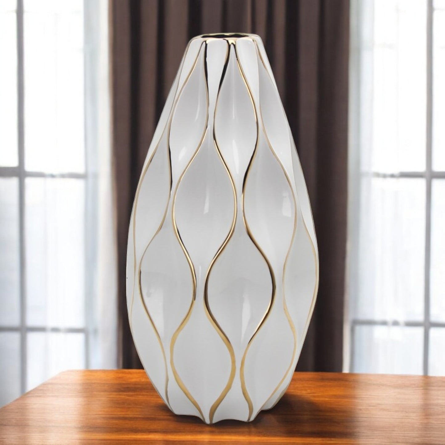 18" White and Gold Geometric Wavy Ceramic Table Vase