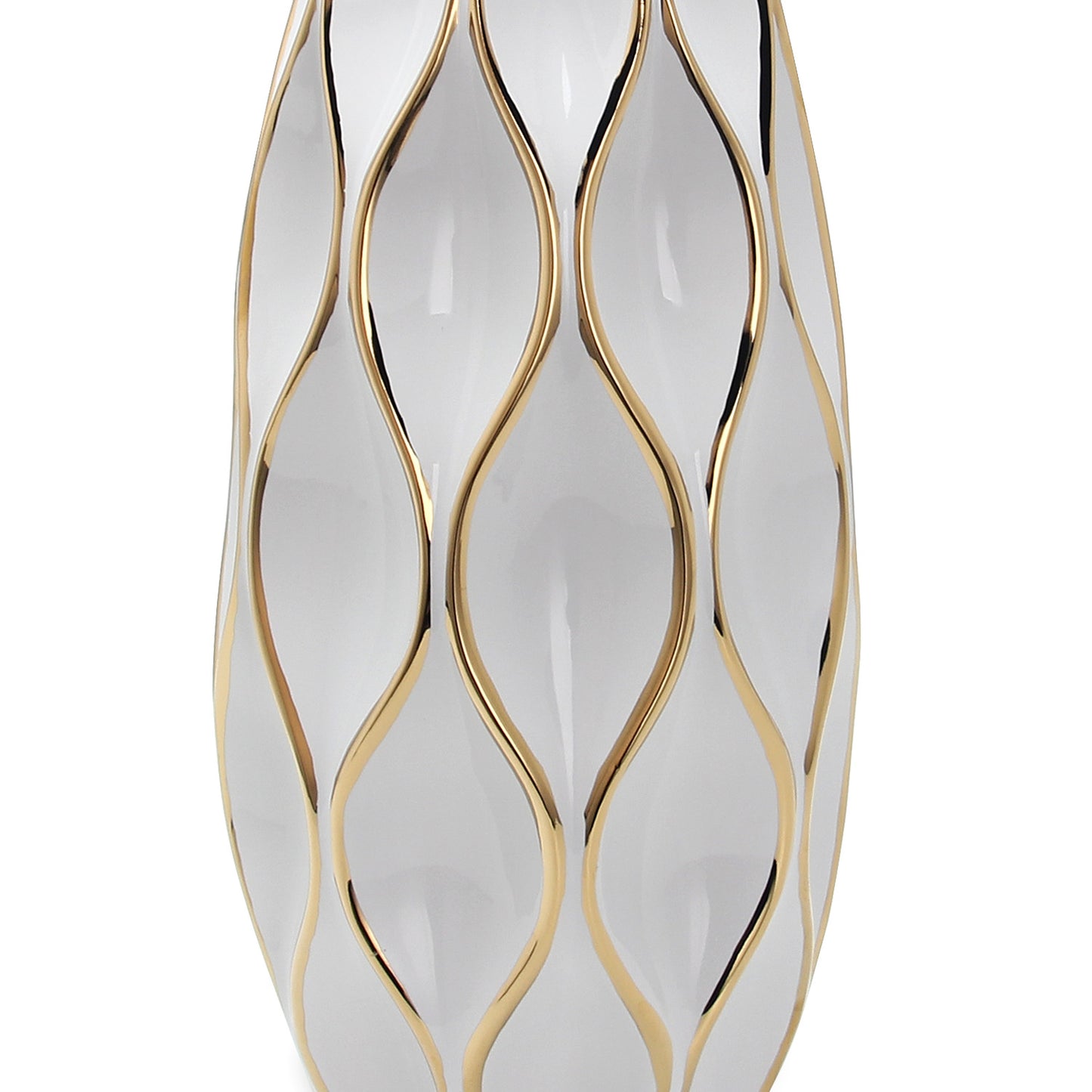 18" White and Gold Geometric Wavy Ceramic Table Vase