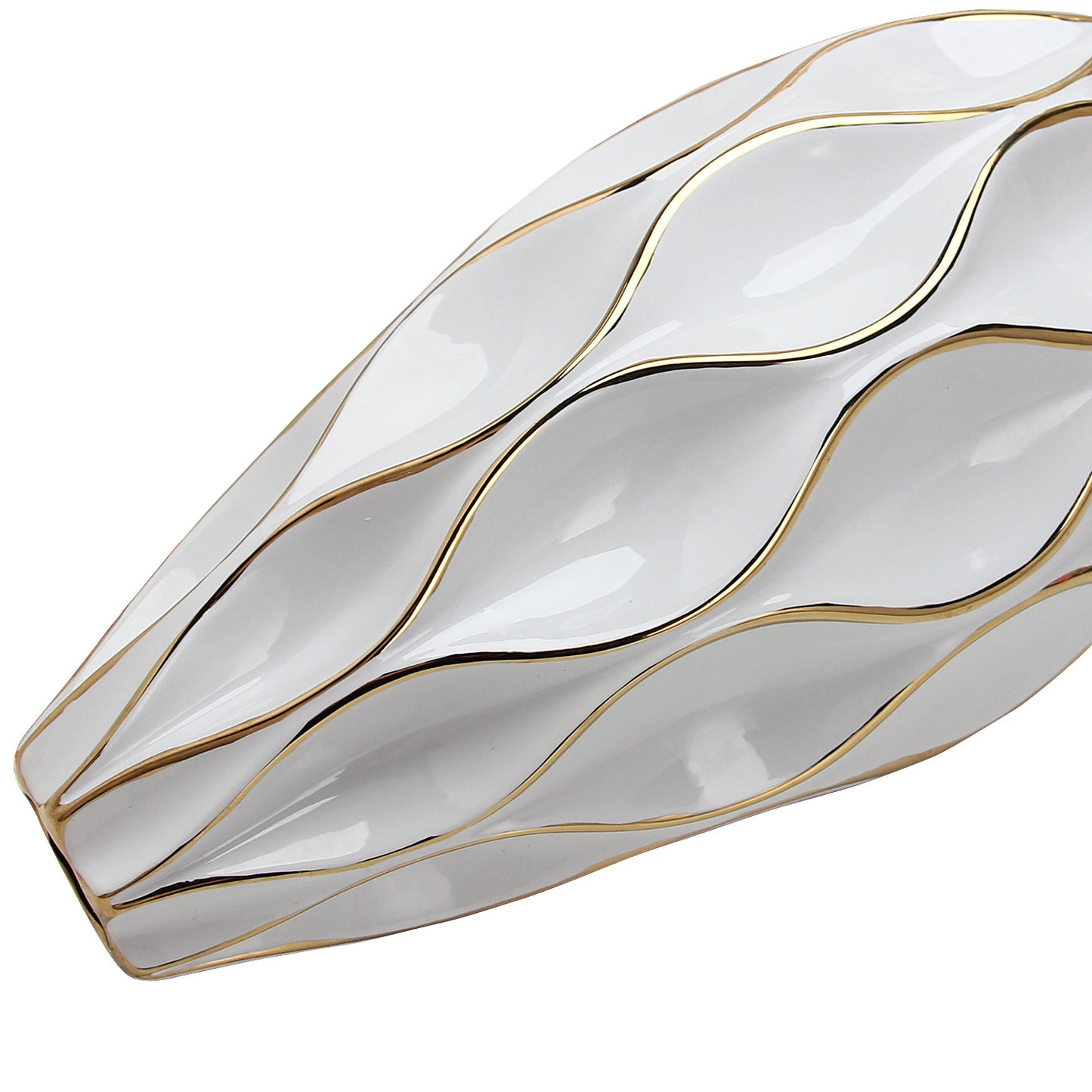 18" White and Gold Geometric Wavy Ceramic Table Vase