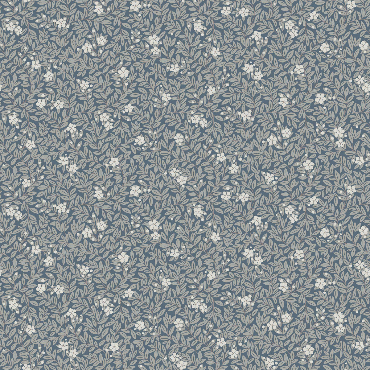 Blue-gray botanical pattern with white blossoms and muted leaves; dense, versatile wallpaper print.