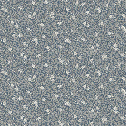 Blue-gray botanical pattern with white blossoms and muted leaves; dense, versatile wallpaper print.