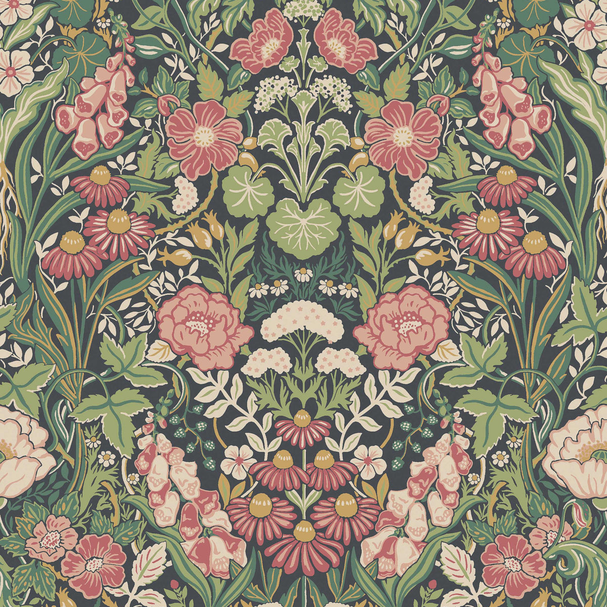 Intricate botanical wallpaper pattern with pink roses, daisies, and lush green leaves in a symmetrical Arts & Crafts style.