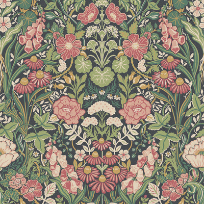 Intricate botanical wallpaper pattern with pink roses, daisies, and lush green leaves in a symmetrical Arts & Crafts style.