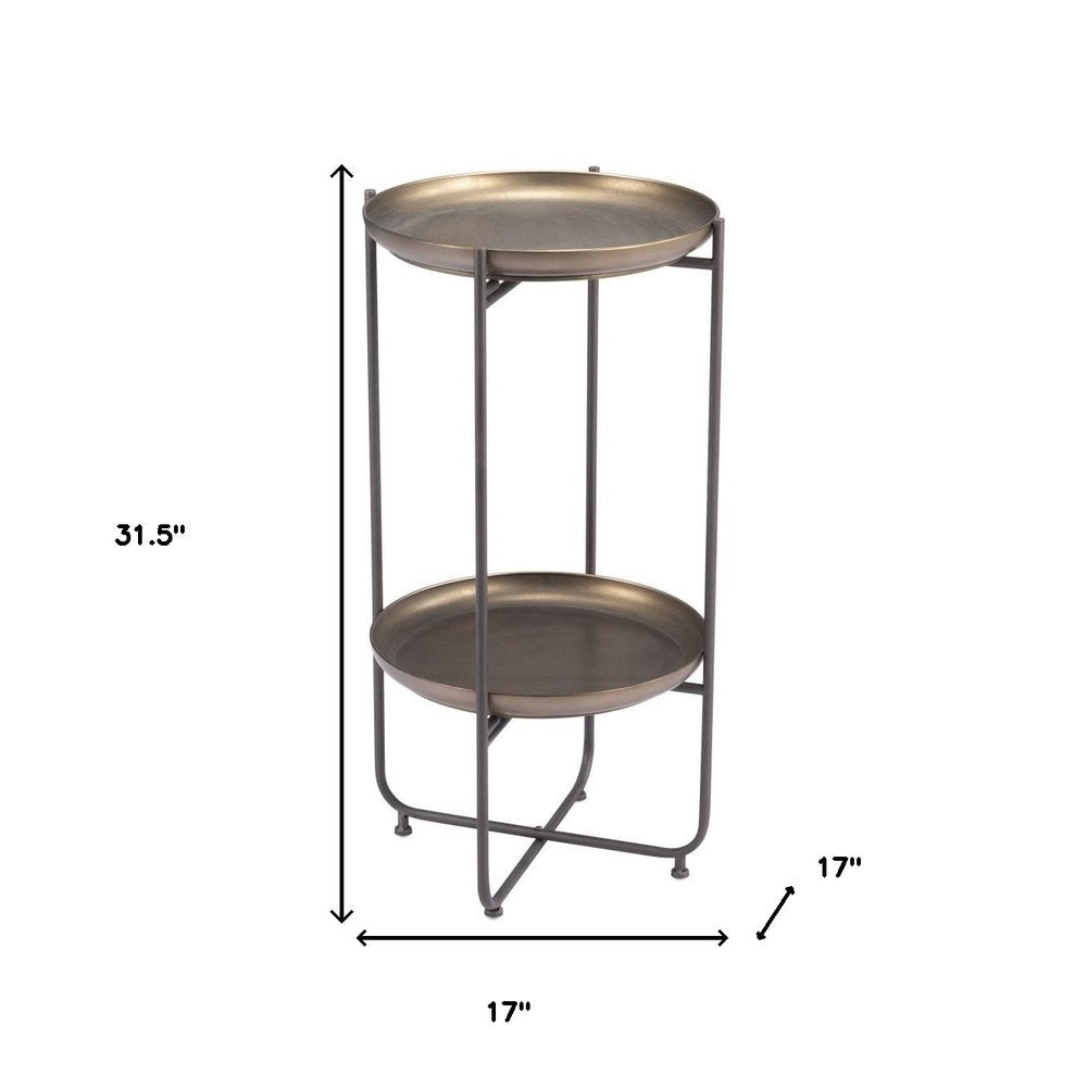 32" Bronze And Gray Steel Round Pedestal End Table